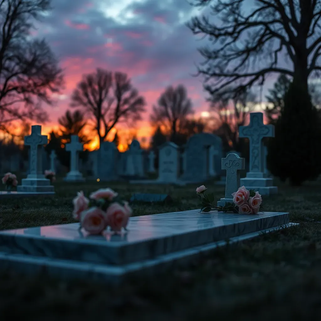 Roses déposées sur une pierre tombale au cimetière lors d'un coucher de soleil.