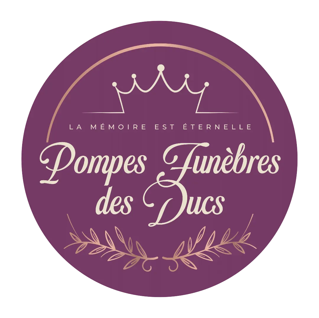 Logo rond prune Pompes Funèbres des Ducs avec couronne dorée et slogan.